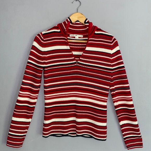TOMMY HILFIGER Quarter Zip Stripe Sweater Red Balck White Women's Medium - Picture 4 of 7